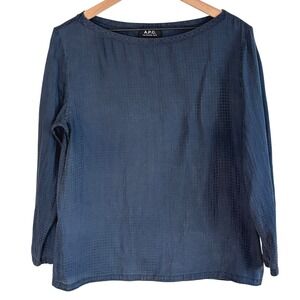 A.P.C. Silk Blend Blouse Navy Blue Womens L Dot Pattern Boat Neck Long Sleeve